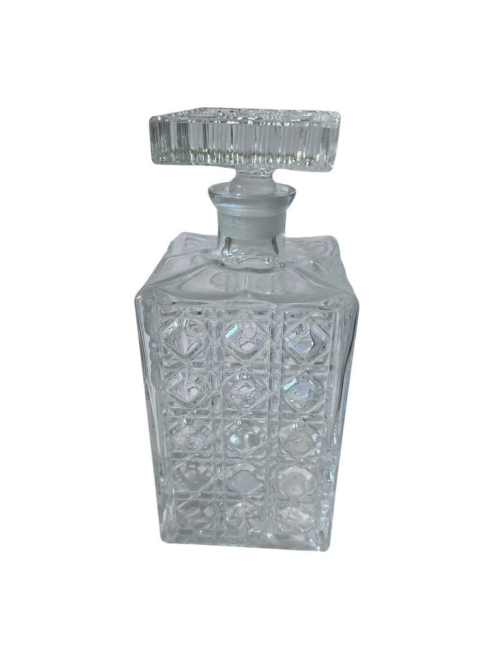 Vintage Square Glass Decanter Bottle With Stopper Geometric Pattern 8 Inch